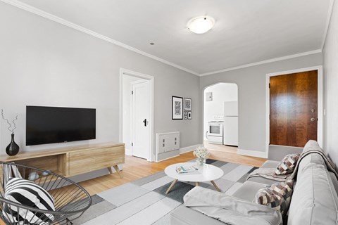 A living room with a grey couch and a black television.